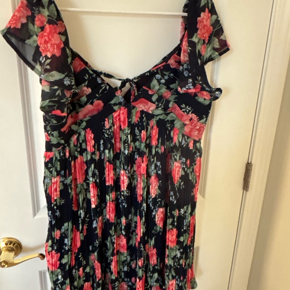 NWT Amalfi Coast Dark Navy Floral Pleated Flutter Sleeve Mini Babydoll Dress XL - Picture 10 of 12